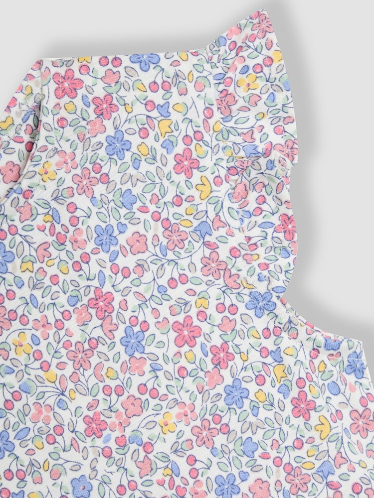 JoJo Maman Bébé Pink Cherry Ditsy Floral Print Ruffle Shoulder 100% Cotton Playsuit - Image 3 of 3