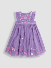 JoJo Maman Bébé Lilac Purple Butterfly Ruffle Front Embroidered Tulle Party Dress - Image 1 of 3