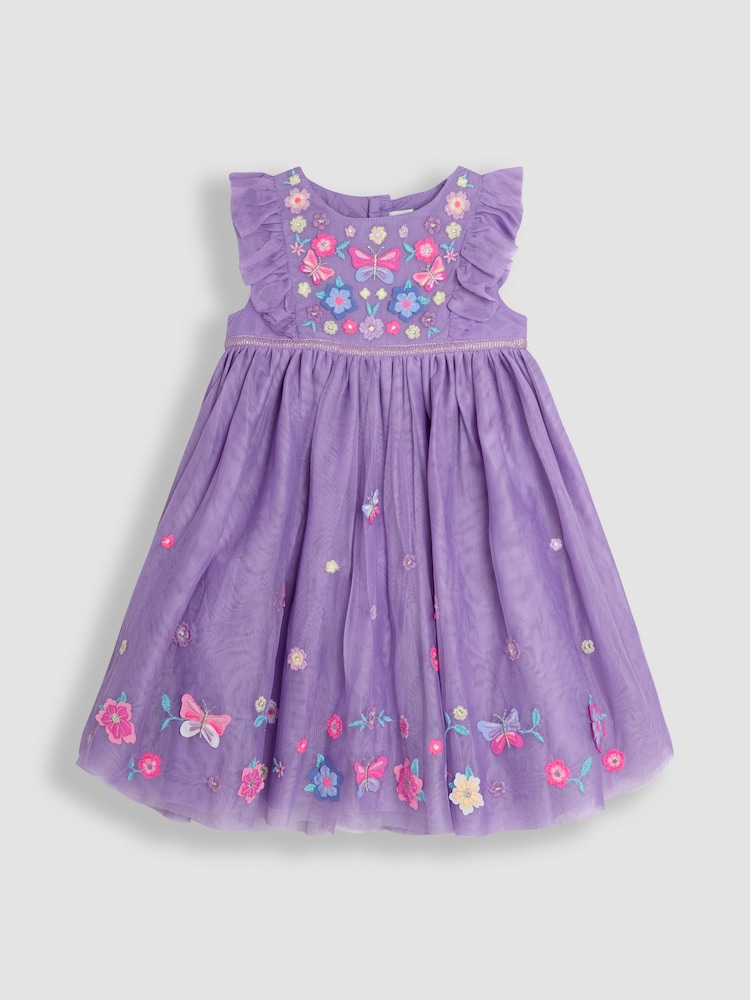 JoJo Maman Bébé Lilac Purple Butterfly Ruffle Front Embroidered Tulle Party Dress - Image 1 of 3