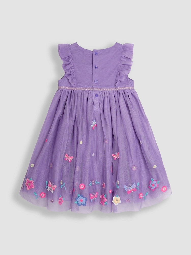 JoJo Maman Bébé Lilac Purple Butterfly Ruffle Front Embroidered Tulle Party Dress - Image 2 of 3