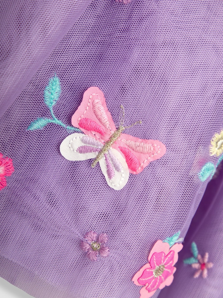 JoJo Maman Bébé Lilac Purple Butterfly Ruffle Front Embroidered Tulle Party Dress - Image 3 of 3