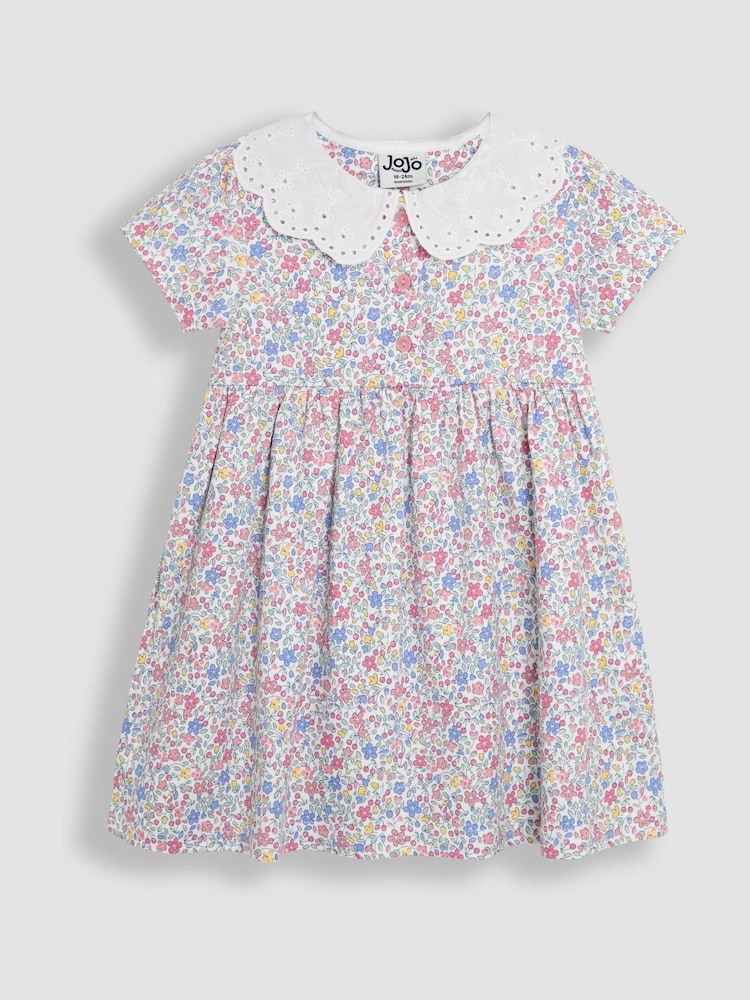Estampa floral rosa Cherry Ditsy - Vestido JoJo Maman Bébé Peter Pan com gola e botões frontais 100% algodão - Imagem 1 de 4