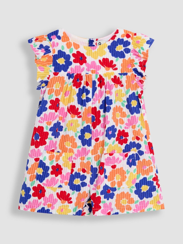 JoJo Maman Bébé Bright Fuchsia Floral Seersucker Frill Sleeve Playsuit - Image 1 of 3