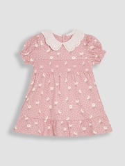 JoJo Maman Bébé Pink Floral Print Broderie Collar Smocked Dress - Image 1 of 3