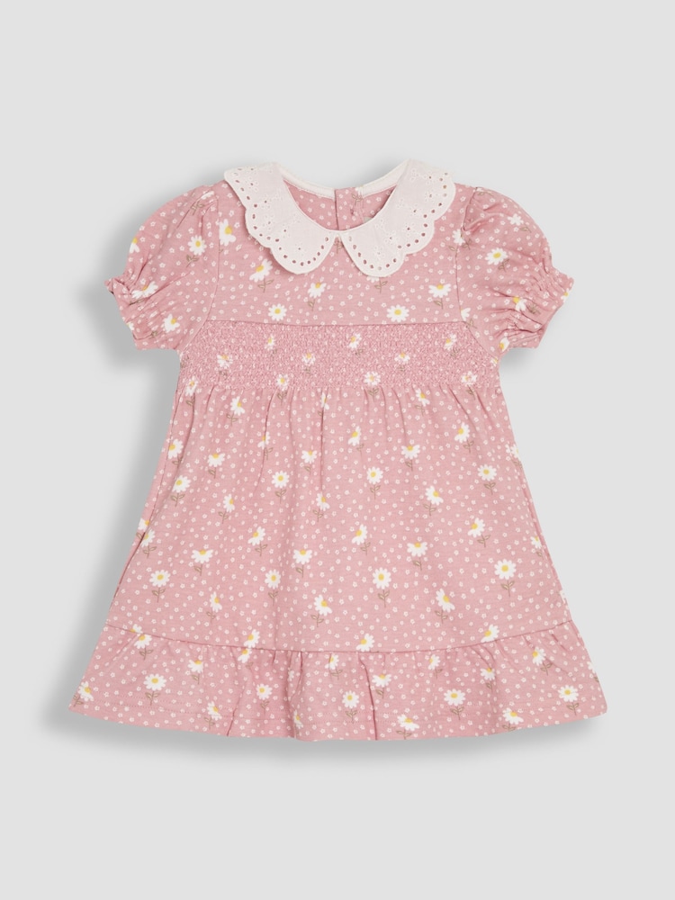 JoJo Maman Bébé Pink Floral Print Broderie Collar Smocked Dress - Image 1 of 3