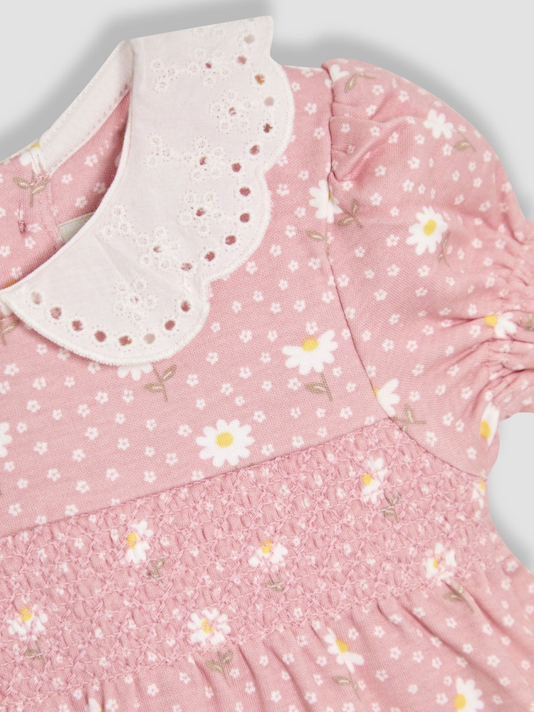 JoJo Maman Bébé Pink Floral Print Broderie Collar Smocked Dress - Image 3 of 3