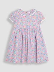 JoJo Maman Bébé Coral Pink Tropical Floral Print Puff Sleeve Dress - Image 1 of 3