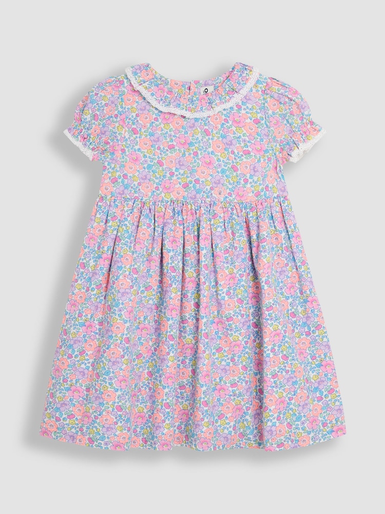 JoJo Maman Bébé Coral Pink Tropical Floral Print Puff Sleeve Dress - Image 1 of 3