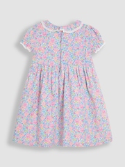 JoJo Maman Bébé Coral Pink Tropical Floral Print Puff Sleeve Dress - Image 2 of 3