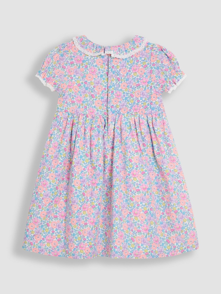 JoJo Maman Bébé Coral Pink Tropical Floral Print Puff Sleeve Dress - Image 2 of 3