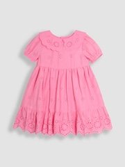 JoJo Maman Bébé Pink Broderie Puff Sleeve 100% Cotton Dress - Image 1 of 3