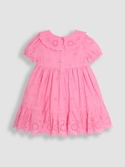 JoJo Maman Bébé Pink Broderie Puff Sleeve 100% Cotton Dress - Image 2 of 3