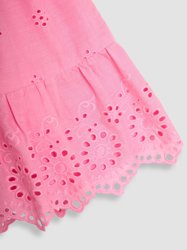 JoJo Maman Bébé Pink Broderie Puff Sleeve 100% Cotton Dress - Image 3 of 3