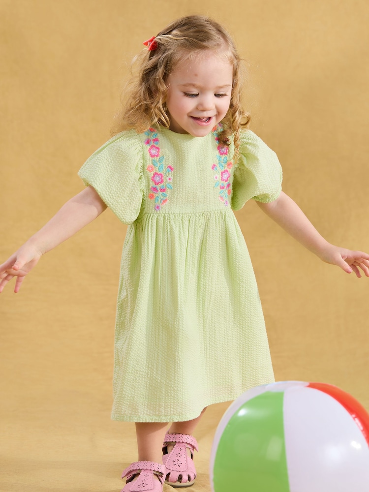 JoJo Maman Bébé Green Floral Embroidered Balloon Sleeve Dress - Image 1 of 3