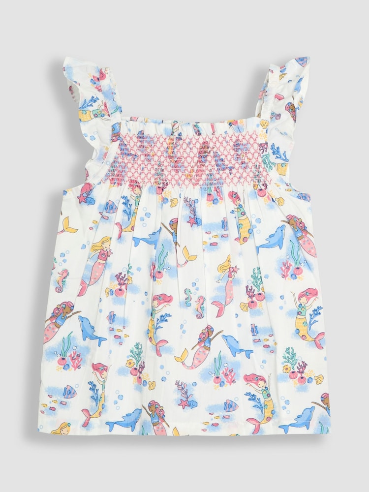 JoJo Maman Bébé Blue Mermaid Scene 2-Piece Pet in Pocket Smocked Blouse & Shorts Set - Image 2 of 6