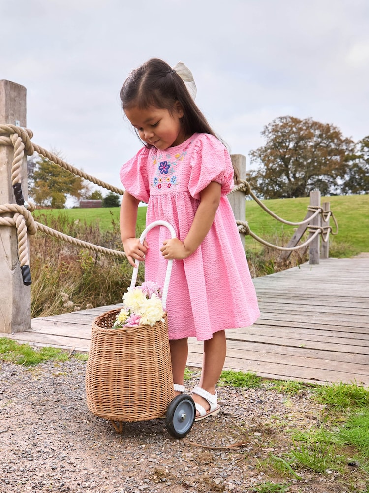 JoJo Maman Bébé Pink Floral Embroidered Balloon Sleeve Dress - Image 1 of 4