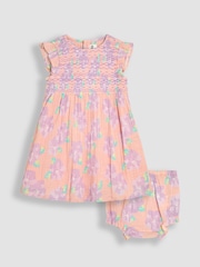 JoJo Maman Bébé Coral Pink Tropical Floral Smocked Summer Dress - Image 1 of 6