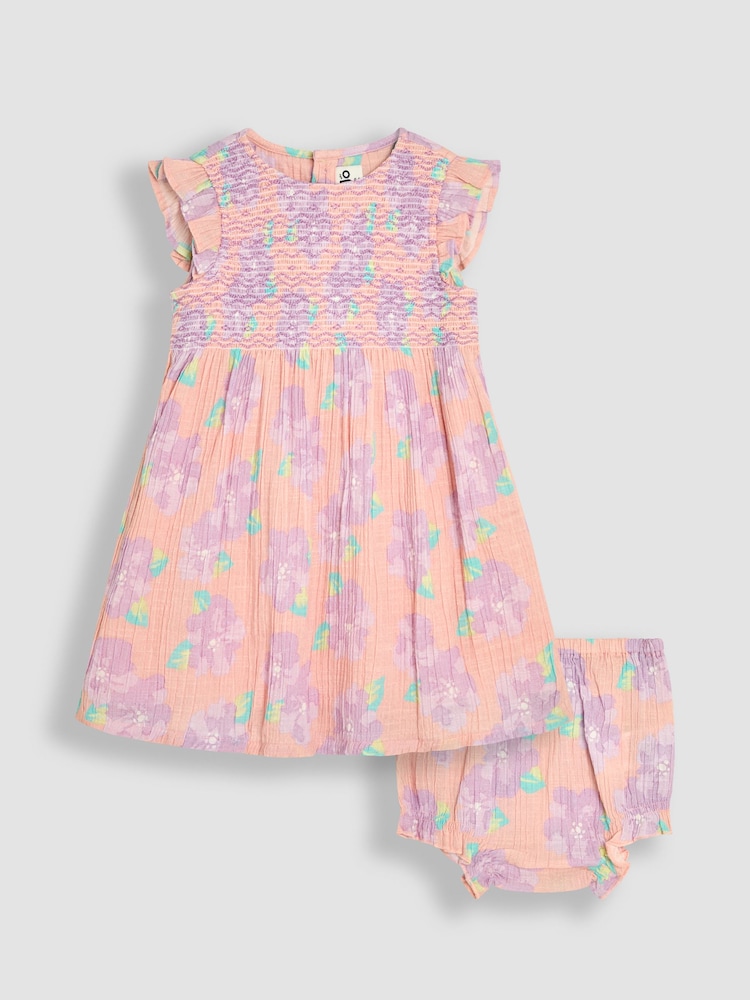 JoJo Maman Bébé Coral Pink Tropical Floral Smocked Summer Dress - Image 1 of 6