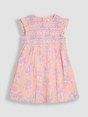 JoJo Maman Bébé Coral Pink Tropical Floral Smocked Summer Dress - Image 3 of 6