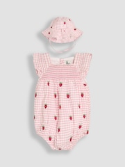 JoJo Maman Bébé Pink Gingham 2-Piece Strawberry Embroidered Smocked Romper & Hat Set - Image 1 of 6