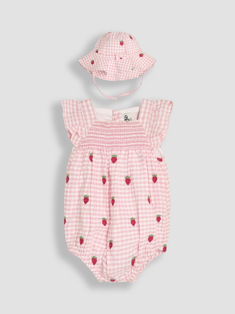 JoJo Maman Bébé Pink Gingham 2-Piece Strawberry Embroidered Smocked Romper & Hat Set - Image 1 of 6