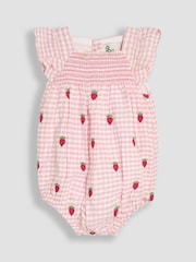 JoJo Maman Bébé Pink Gingham 2-Piece Strawberry Embroidered Smocked Romper & Hat Set - Image 2 of 6