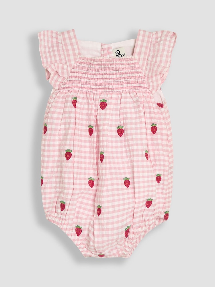 JoJo Maman Bébé Pink Gingham 2-Piece Strawberry Embroidered Smocked Romper & Hat Set - Image 2 of 6