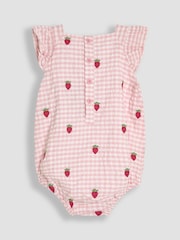 JoJo Maman Bébé Pink Gingham 2-Piece Strawberry Embroidered Smocked Romper & Hat Set - Image 3 of 6