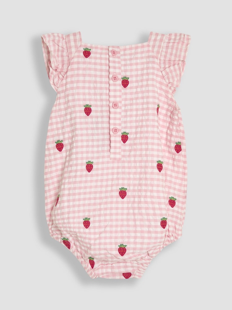 JoJo Maman Bébé Pink Gingham 2-Piece Strawberry Embroidered Smocked Romper & Hat Set - Image 3 of 6