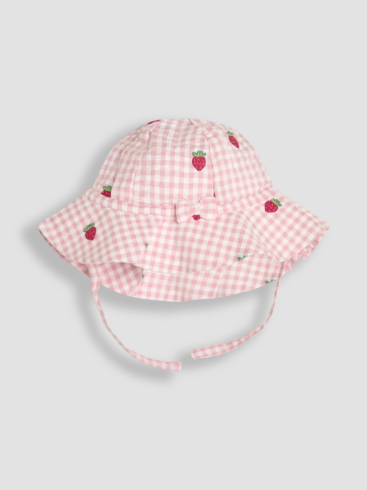 JoJo Maman Bébé Pink Gingham 2-Piece Strawberry Embroidered Smocked Romper & Hat Set - Image 4 of 6