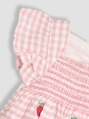 JoJo Maman Bébé Pink Gingham 2-Piece Strawberry Embroidered Smocked Romper & Hat Set - Image 5 of 6