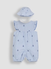 JoJo Maman Bébé Blue Stripe Nautical Embroidered Sunsuit & Hat Set 2 Piece - Image 1 of 4