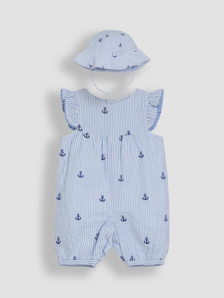 JoJo Maman Bébé Blue Stripe Nautical Embroidered Sunsuit & Hat Set 2 Piece - Image 1 of 4