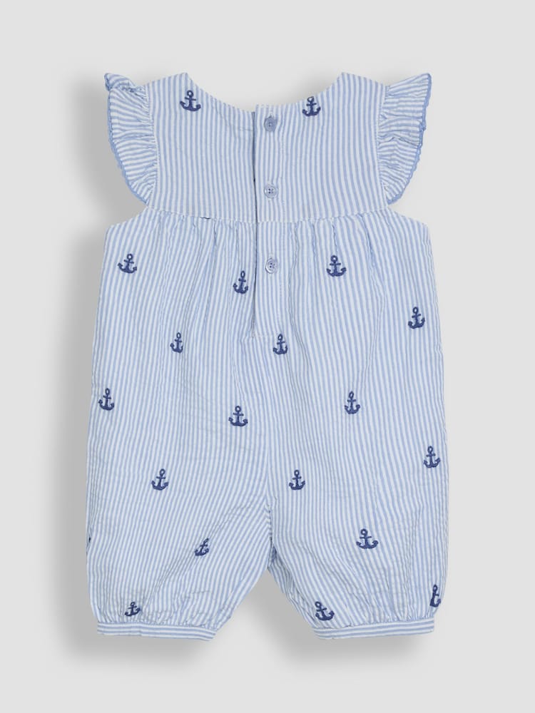 JoJo Maman Bébé Blue Stripe Nautical Embroidered Sunsuit & Hat Set 2 Piece - Image 2 of 4