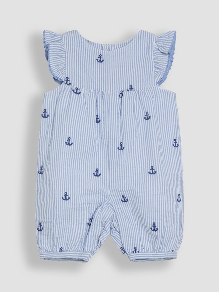 JoJo Maman Bébé Blue Stripe Nautical Embroidered Sunsuit & Hat Set 2 Piece - Image 4 of 4