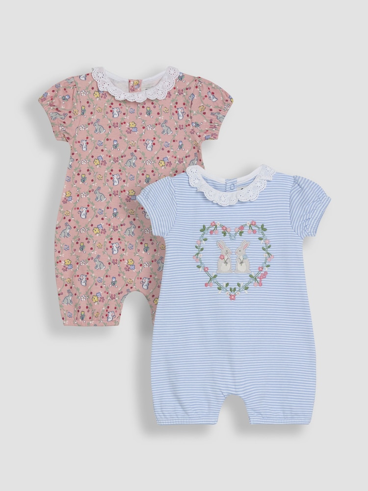 JoJo Maman Bébé Blue Bunny Applique 2 Pack Broderie Collar Rompers - Image 1 of 7
