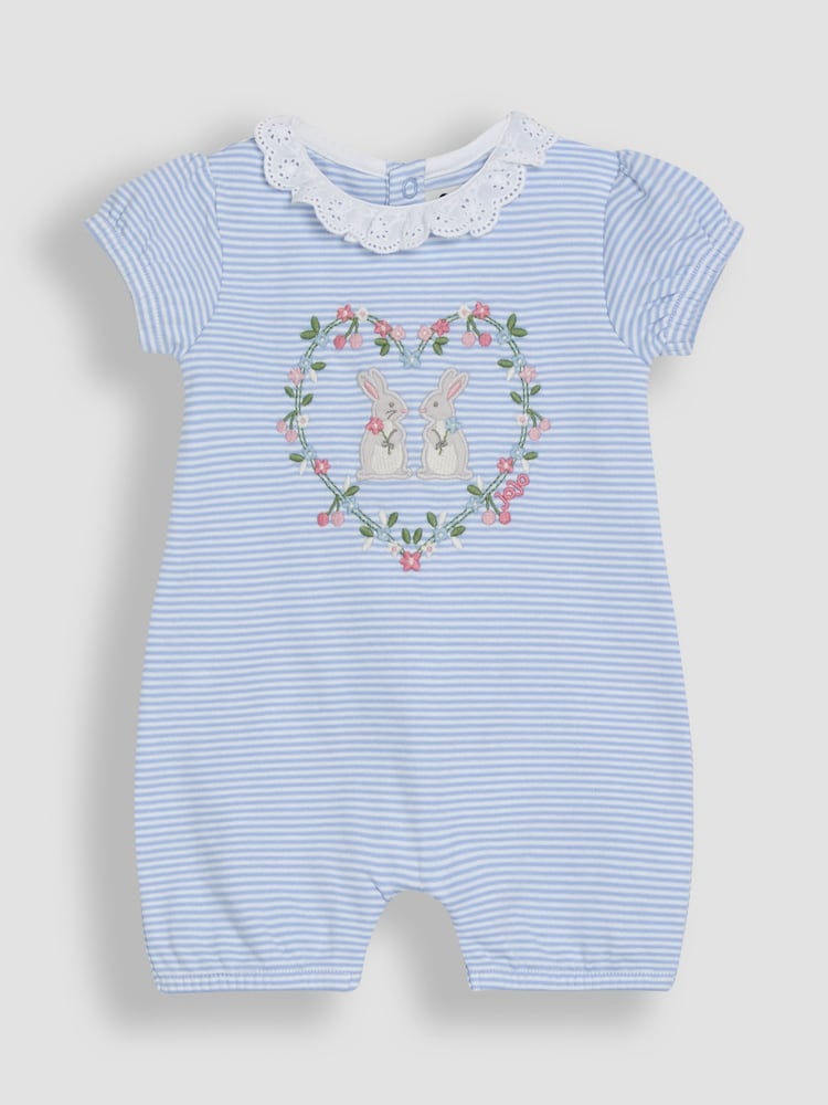 JoJo Maman Bébé Blue Bunny Applique 2 Pack Broderie Collar Rompers - Image 2 of 7