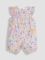 JoJo Maman Bébé Coral Pink Tropical Animals Pretty Ruffle Shoulder Sunsuit - Image 1 of 3