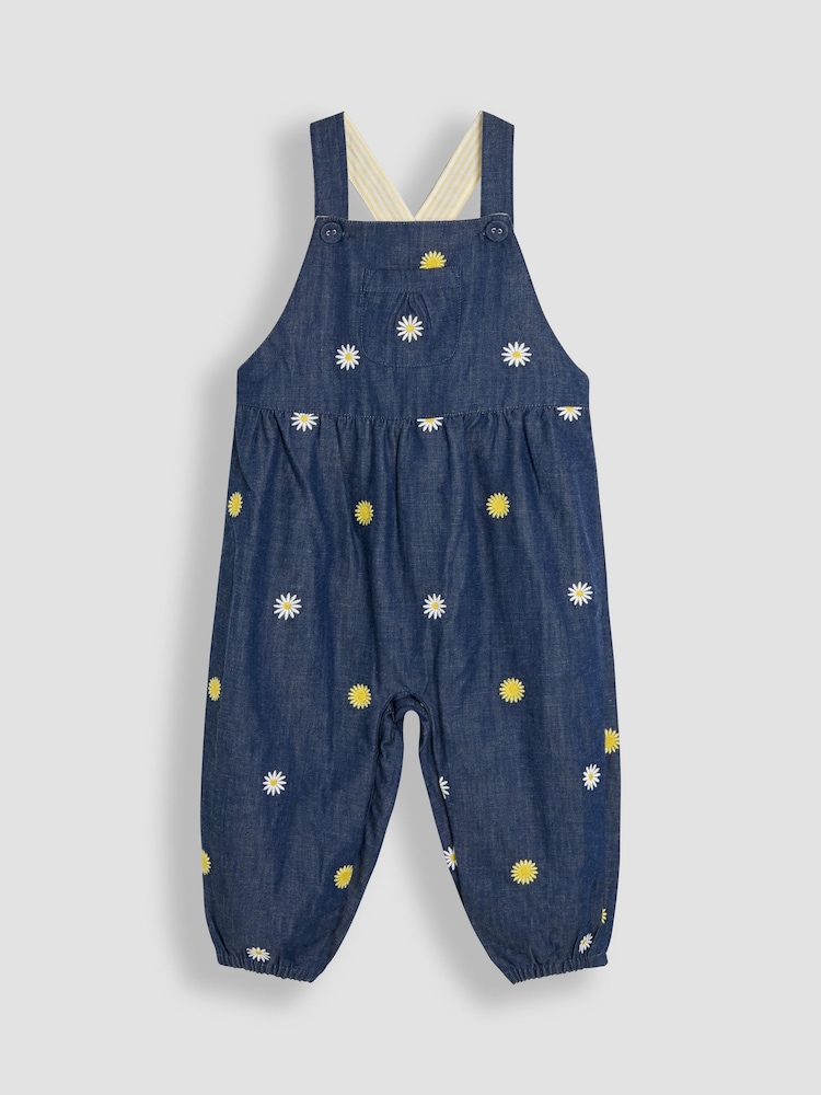 JoJo Maman Bébé Chambray Blue Daisy & Sunflower Floral Print Embroidered Dungarees - Image 1 of 3
