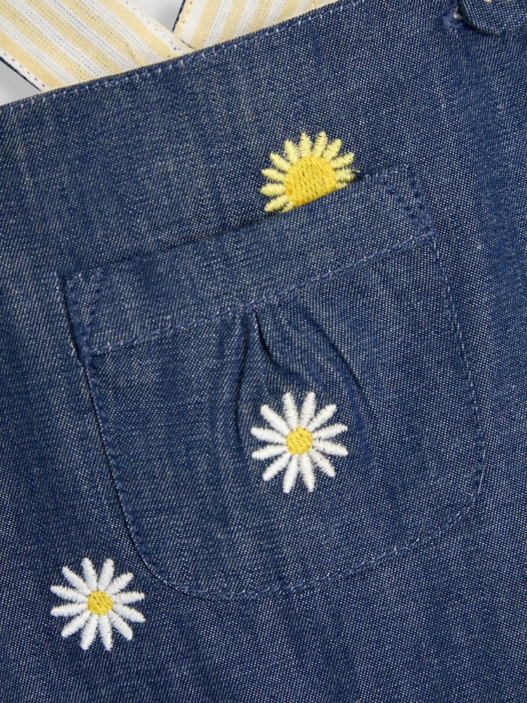 JoJo Maman Bébé Chambray Blue Daisy & Sunflower Floral Print Embroidered Dungarees - Image 3 of 3