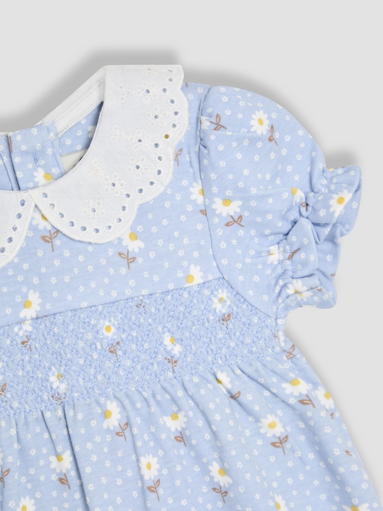 JoJo Maman Bébé Blue Floral Print Broderie Collar Smocked Dress - Image 3 of 3