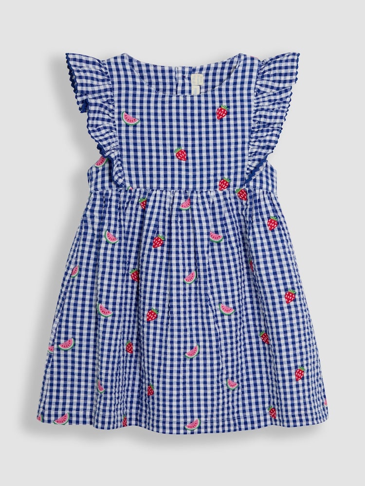 JoJo Maman Bébé Blue Strawberry & Watermelon Embroidered Pretty Summer Dress - Image 1 of 3