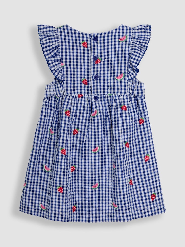 JoJo Maman Bébé Blue Strawberry & Watermelon Embroidered Pretty Summer Dress - Image 2 of 3