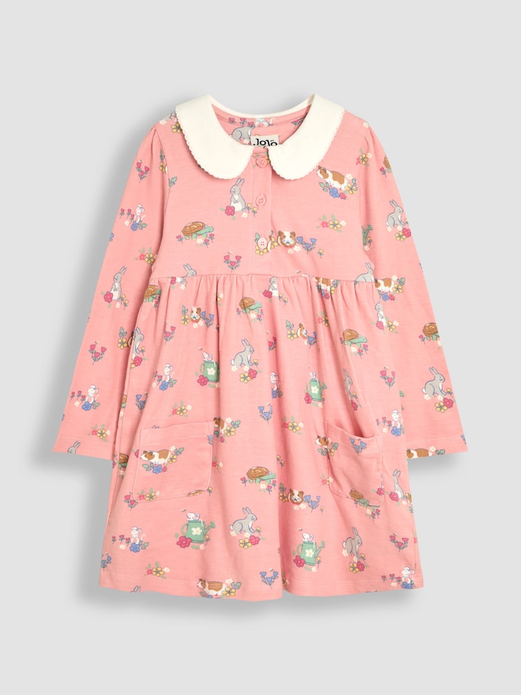Amigos da cobaia rosa & - Vestido JoJo Maman Bébé 100% algodão Peter Pan com gola Peter Pan na frente e manga comprida - Imagem 1 de 4