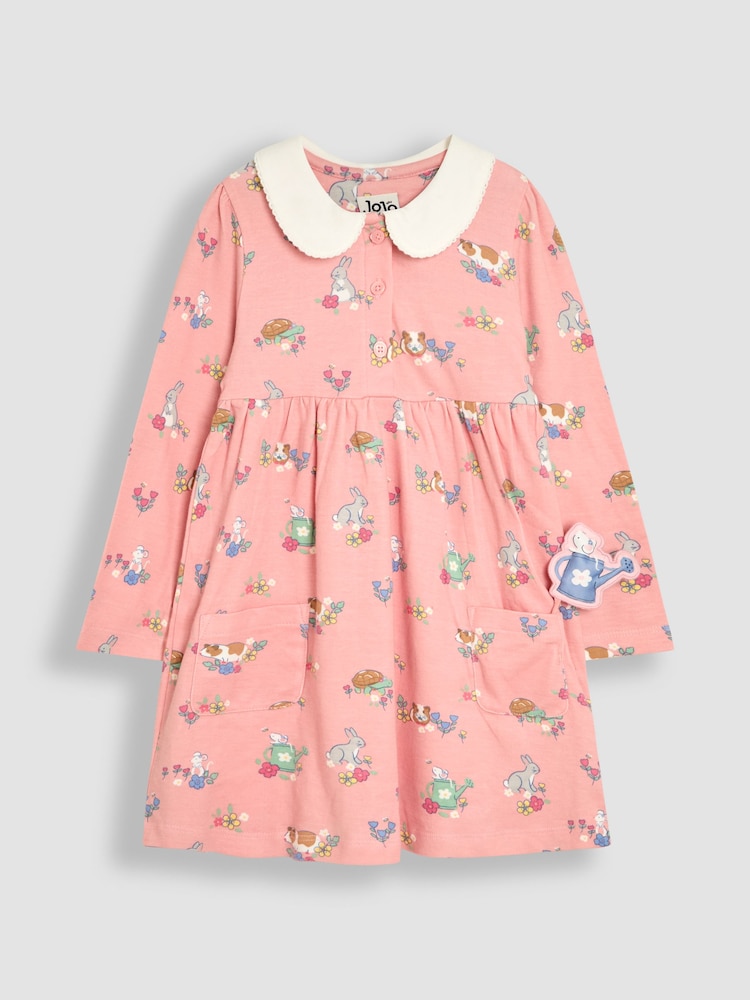Amigos da cobaia rosa & - Vestido JoJo Maman Bébé 100% algodão Peter Pan com gola Peter Pan na frente e manga comprida - Imagem 2 de 4