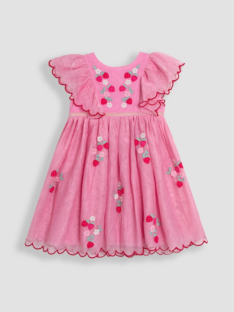 JoJo Maman Bébé Pink Strawberry Floral Scallop Sleeve Embroidered Tulle Party Dress - Image 1 of 4 JoJo Maman Bébé Pink Strawberry Floral Scallop Sleeve Embroidered Tulle Party Dress - Image 1 of 4