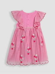 JoJo Maman Bébé Pink Strawberry Floral Scallop Sleeve Embroidered Tulle Party Dress - Image 2 of 4