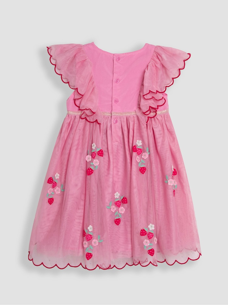 JoJo Maman Bébé Pink Strawberry Floral Scallop Sleeve Embroidered Tulle Party Dress - Image 2 of 4