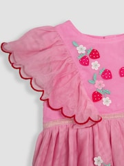 JoJo Maman Bébé Pink Strawberry Floral Scallop Sleeve Embroidered Tulle Party Dress - Image 3 of 4