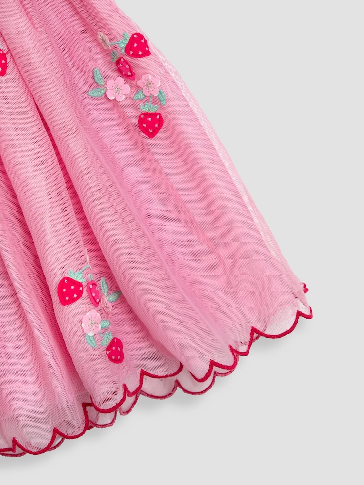JoJo Maman Bébé Pink Strawberry Floral Scallop Sleeve Embroidered Tulle Party Dress - Image 4 of 4